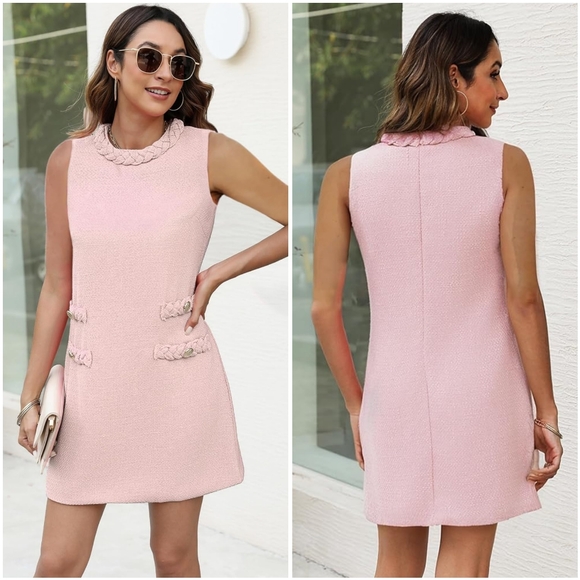 NWT Kedera Light Pink Jackie O Tweed Crew Sleeveless Shift Sheath Mini Dress S - Picture 2 of 16